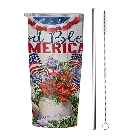 God Bless America 4th of July Patriotic 20oz Tumbler, Insulated Stainless Steel Water Bottle Portable Travel Coffee Tea Mug Cup