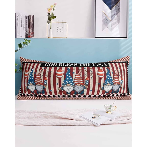 God Bless America Body Pillow Case Cover - Microfiber Bed Throw Pillow Covers, Gnomes Red Blue Stripes Stars Country Decorative Lumbar Pillow Cover with Envelope Closure for Sofa/Travel 20"x54"