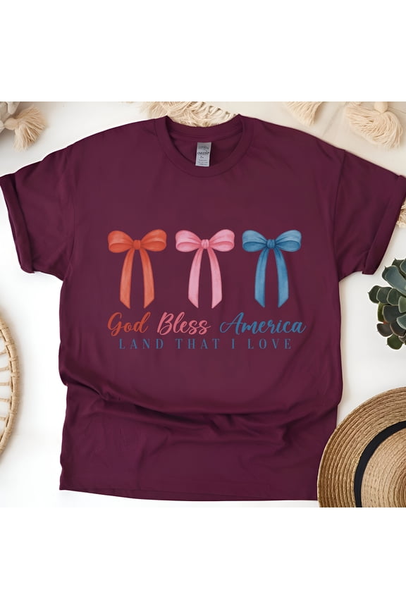 God Bless America Bow T-Shirt | Women’s Patriotic Christian Graphic Tee, Maroon, Size L