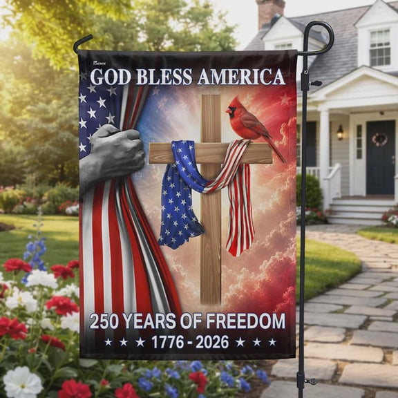 God Bless America Cardinal Cross Garden Flag, 250 Years of Freedom Christian Patriotic Flag, 1776–2026 Semiquincentennial Decor