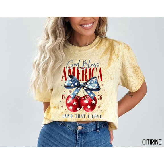 God Bless America Cherry TShirt S4XL Tote Option Coquette Bow USA Flag Preppy 4th Shirt St