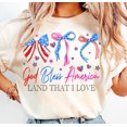 thumbnail image 1 of God Bless America Coquette T-Shirt, 4th of July Bow Shirt, Patriotic USA Flag Top, Red White Blue American Pride Independence Day Outfit, 1 of 5