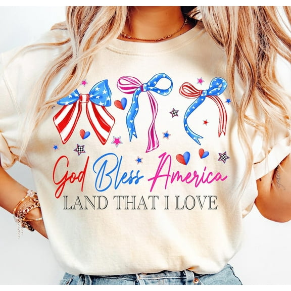God Bless America Coquette T-Shirt, 4th of July Bow Shirt, Patriotic USA Flag Top, Red White Blue American Pride Independence Day Outfit