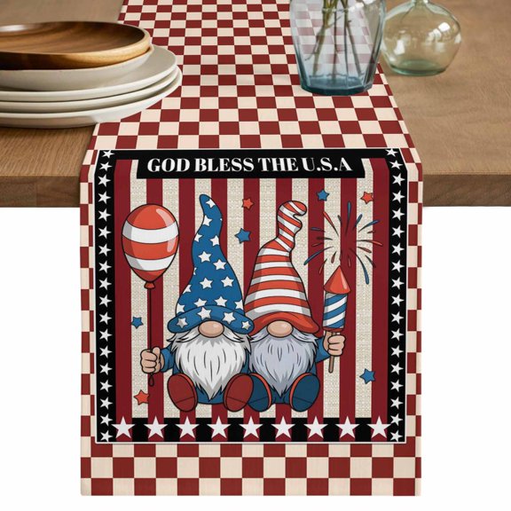 God Bless America Cotton Linen Table Runner for Dining Kitchen, Gnomes Red Blue Stripes Stars Country Wedding Outdoor Party Tablerunners, Dresser Scarf Coffee Tablecloth Runners 13x36 Inches