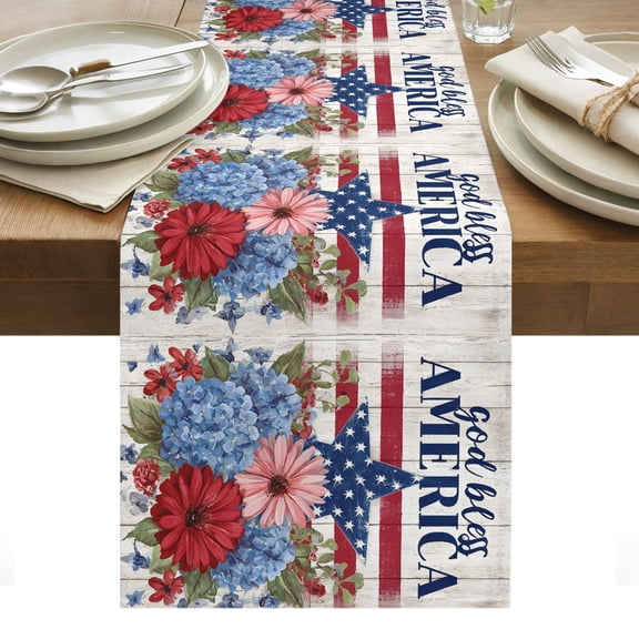 God Bless America Cotton Linen Table Runner U.S. Flag Themed Farmhouse Flower Retro Wood Grain Dining Table Runners for Home Decor Party Dining Room Restaurant Kitchen Party 13" x 36"