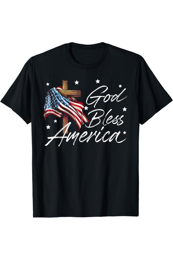 God Bless America Cross American Flag US Patriotic Christian T-Shirt