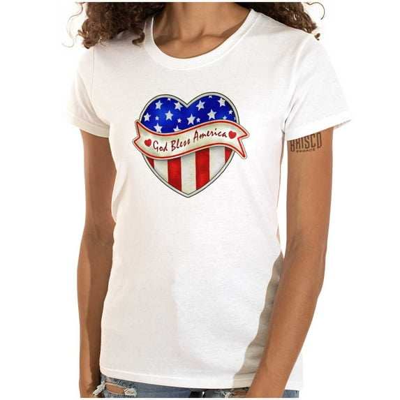 God Bless America Cute USA Flag Heart Womens Slim Fit Graphic Tee Brisco Brands X