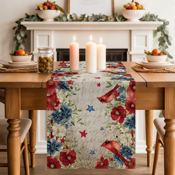God Bless America Dining Table Runner, Cardinal Bird Floral 4tn of July Vintage Washable Table Runners Kitchen Coffee Table Center Decor for Home Party Holiday Wedding 13 x 70 Inches