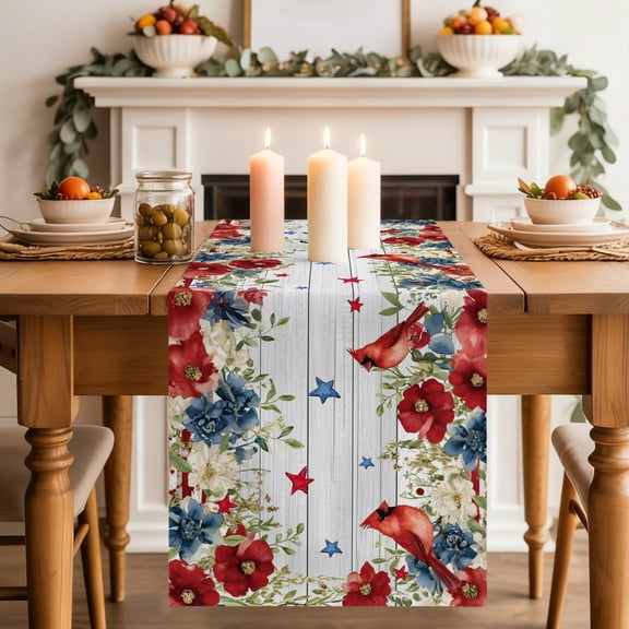 God Bless America Dining Table Runner, Cardinal Bird Floral 4tn of July Wood Grain Washable Table Runners Kitchen Coffee Table Center Decor for Home Party Holiday Wedding 13 x 36 Inches