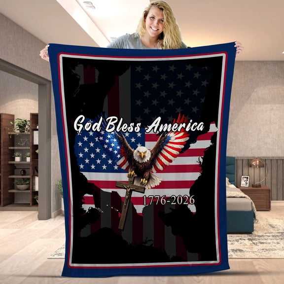 God Bless America Eagle Cross Blanket, Patriotic 250th Anniversary 1776-2026 Fleece Blanket, Independence Day Sherpa Blanket