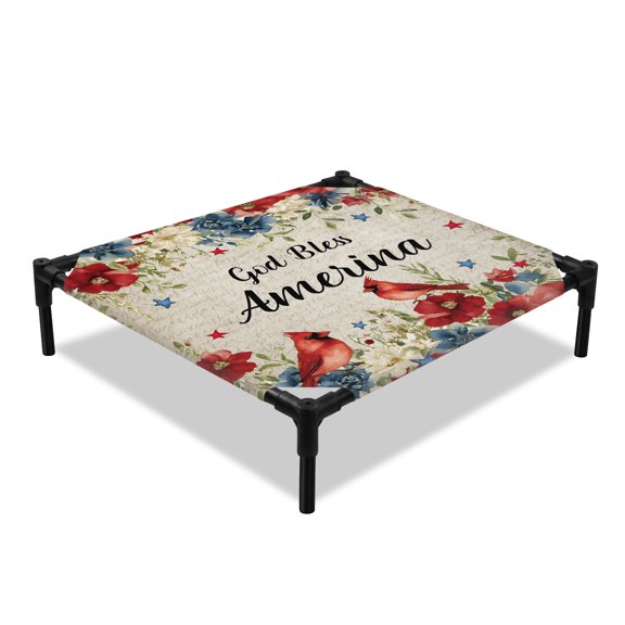 God Bless America Elevated Dog Bed, Cardinal Bird Floral 4tn of July Vintage Cooling Breathable Outdoor Raised Dog Cot Bed with Metal Frame Non-Slip Feet for Small Dog 20x20in