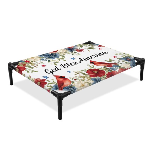 God Bless America Elevated Dog Bed, Cardinal Bird Red Blue Floral 4tn of July Cooling Breathable Outdoor Raised Dog Cot Bed with Metal Frame Non-Slip Feet for Large Dog 28x22in