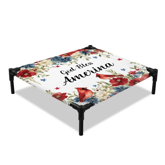 God Bless America Elevated Dog Bed, Cardinal Bird Red Blue Floral 4tn of July Cooling Breathable Outdoor Raised Dog Cot Bed with Metal Frame Non-Slip Feet for Small Dog 20x20in