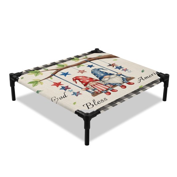 God Bless America Elevated Dog Bed, Independence Day Dwarf Swinging on A Swing Linen Cooling Breathable Outdoor Raised Dog Cot Bed with Metal Frame Non-Slip Feet for Small Dog 20x20in