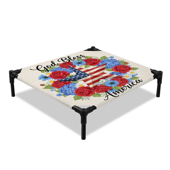 God Bless America Elevated Dog Bed, Independence Day Retro Five-Pointed Star U. S. Flag Cooling Breathable Outdoor Raised Dog Cot Bed with Metal Frame Non-Slip Feet for Small Dog 20x20in