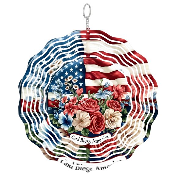 God Bless America Flag 3D Wind Spinner, Stainless Steel Decor, Patriotic Red White Blue Garden Gift