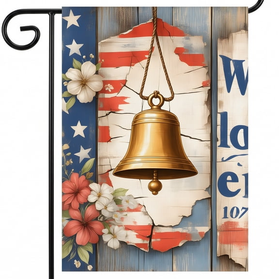 God Bless America Garden Flag Bell Hanging From A Rope With An American Flag In The Background 28x40 Inch Bicentennial USA Flag For Outside Decorations