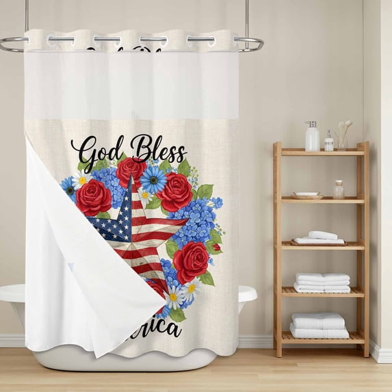God Bless America No Hook Shower Curtain with Snap in Liner, Independence Day Retro Five-Pointed Star U. S. Flag Waterproof Shower Curtains with See Through Top Window Liner for Bath 48x72 Inches