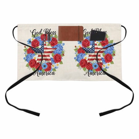 God Bless America Kitchen Restaurant Half Waist Apron, Independence Day Retro Five-Pointed Star U. S. Flag Server Short Apron with 3 Pockets Waterproof Oil Waist Aprons for Women Waitress Waiter