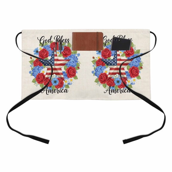 God Bless America Kitchen Restaurant Half Waist Apron, Independence Day Retro Five-Pointed Star U. S. Flag Server Short Apron with 3 Pockets Waterproof Oil Waist Aprons for Women Waitress Waiter