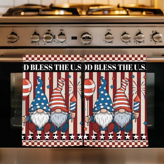 God Bless America Kitchen Towels Set of 3, Gnomes Red Blue Stripes Stars Country Absorbent Dish Towels for Kitchen, Microfiber Hand Towel, Quick Drying Tea Towel for Cleaning Decorative Dishcloths