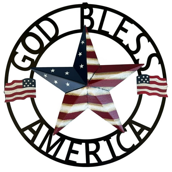 God Bless America Metal Star Hanging Welcome Signs Wall Decor Front Door Wreaths Garden Fence Patio Porch Yard Indoor Outdoor Patriotic Decorations 13''H