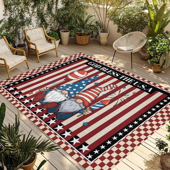 God Bless America Outdoor Rug for Patio/Deck/Porch, Non-Slip Large Area Rug 5 x 7 Ft, Gnomes Red Blue Stripes Stars Country Indoor Outdoor Rugs Washable Area Rugs, Camping Rug Carpet Runner