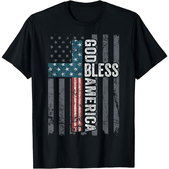 God Bless America - Patriotic Christian Cross USA Flag T-Shirt,Black