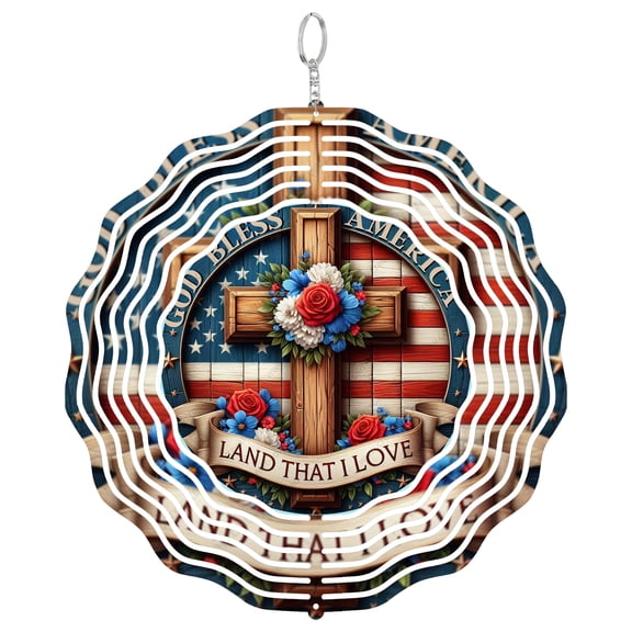 God Bless America Patriotic Cross 3D Wind Spinner, Stainless Steel Memorial Garden Gift, Round