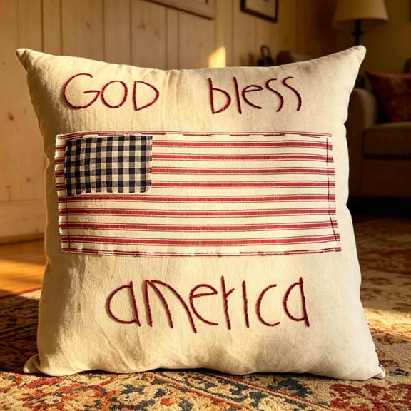 God Bless America Patriotic Throw Pillow, 12x12 Inch Primitive Rustic Independence Day Decorative Cushion, Handcrafted Style American Flag Pillow for Farmhouse Home Decor