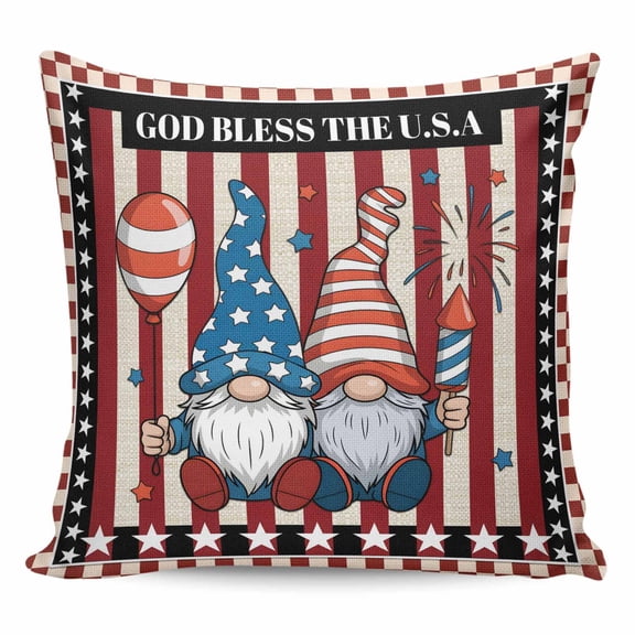 God Bless America Pillow Covers 24x24 Inch Decorative Throw Pillow Cover, Gnomes Red Blue Stripes Stars Country Sofa Pillowcases Accent Cushion Case Home Decor Bedroom Living Room