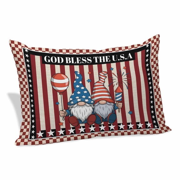 God Bless America Pillow Covers, Linen Long Throw Pillow Case, Gnomes Red Blue Stripes Stars Country Holiday Pillow Protector Decorative Cushion Cover for Living Room/Bedroom 20" x 36"