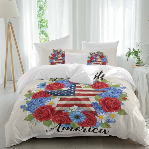 God Bless America Queen Size Comforter Set, Independence Day Five-Pointed Star U. S. Flag Bedding for All Seasons, 4 Pcs Bed Set, 1Quiltcover (90"x92") ,1Sheet(94"x116"), 2Pillowcases (30"x20")