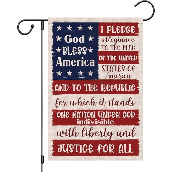 God Bless America Retro Star Garden Flag 12x18 Double Sided Burlap Patriotic 4th Of July Oath Text Rustic Yard Banner (ONLY FLAG)