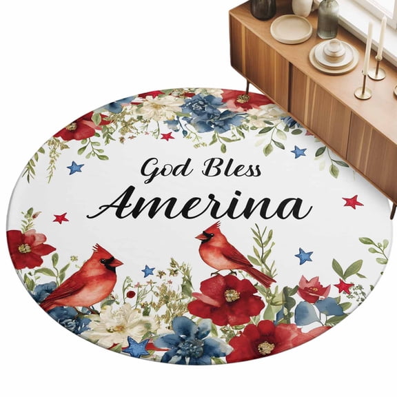 God Bless America Round Rug 8ft Cardinal Bird Red Blue Floral 4tn of July Washable Area Rugs for Living Room Bedroom Entryway Non Slip Entrance Door Mat Indoor Floor Carpet