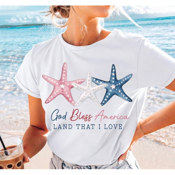 God Bless America Shirt, 4th of July Patriotic Tee, Red White Blue Starfish Shirt, Christian USA Shirt, Coastal Summer Shirt, Independence Day Outfit