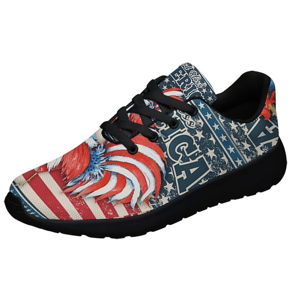 God Bless America Shoes Rooster American Flag US Print Sneakers Lightweight Comfortable Running Shoes for Men Women Black Size 8