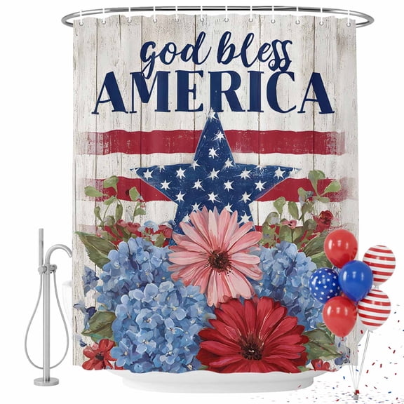 God Bless America Shower Curtain for Bathroom, U.S. Flag Themed Farmhouse Flower Retro Wood Grain Waterproof Cloth Fabric Bathroom Accessories Set with 9 Rust Proof Plastic Hooks, 36"x78"