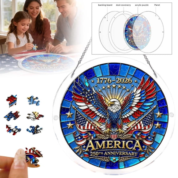 God Bless America Stained Glass Suncatcher, Patriotic Acrylic Puzzle Window Hanging Decor, 7.48 Inch Round Suncatcher for Home & Garden