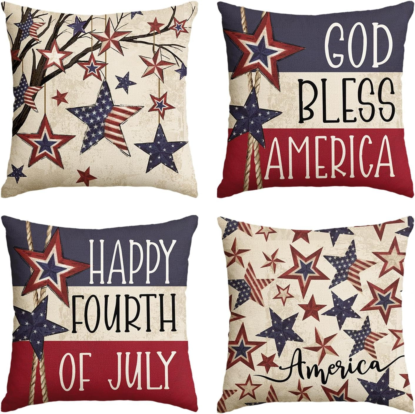 4th Of July Pillow Covers 18x18 Inch - Patriotic God Bless America Decor, Set Of 4 For Couch, Sofa, Home