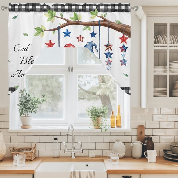 God Bless America Swag Curtain Valance for Windows, Independence Day Dwarf Swinging on A Swing Swag Curtains Drapes Rod Pocket for Kitchen Bathroom Small Window, 1 Panel 56x36in