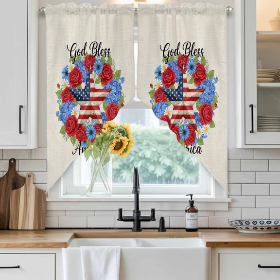 God Bless America Swag Curtain Valance for Windows, Independence Day Retro Five-Pointed Star U. S. Flag Window Treatments Short Swag Topper for Kitchen Windows Bathroom Bedroom, 36"x36"