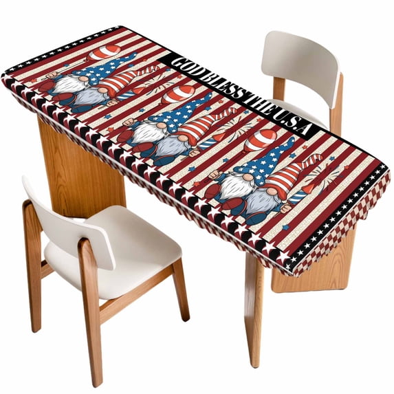 God Bless America Table Cloths for 8 Foot Rectangle Tables, Gnomes Red Blue Stripes Stars Country Patio Waterproof Elastic Fitted Tablecloths, Washable Rectangular Table Cover for Camping