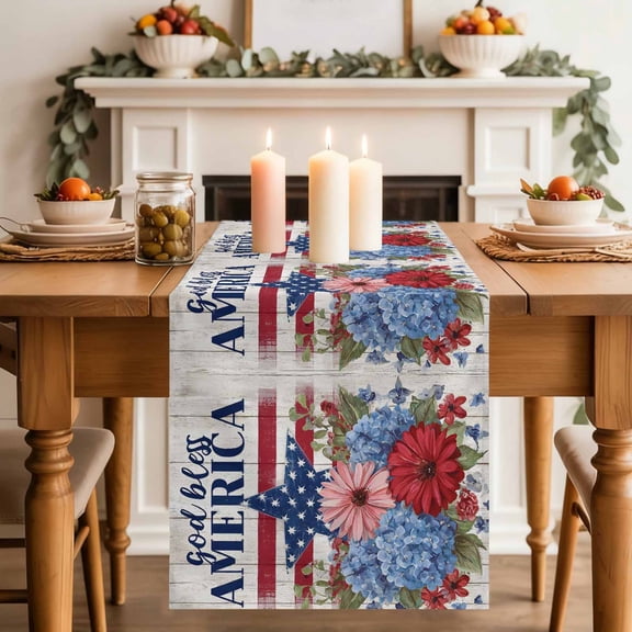 God Bless America Table Runner 13x36 Inch U.S. Flag Themed Farmhouse Flower Retro Wood Grain Cotton Linen Dining Table Runner Ideal for Dresser Kitchen Coffee Tables - Machine Washable