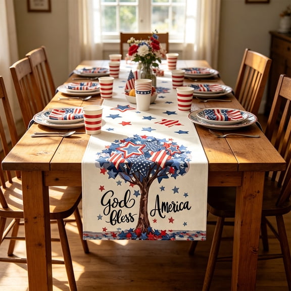 God Bless America Table Runner, 13x72 Inch Patriotic Tree Print Linen Table Runner for Independence Day, 4th of July Party Dining Table Decor