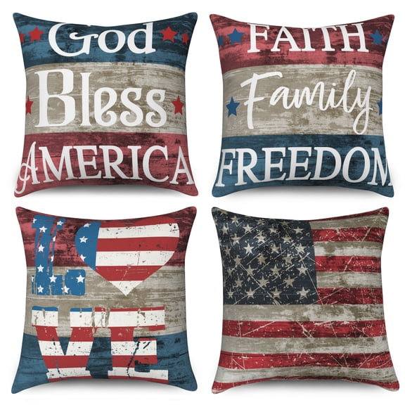 God Bless America Throw Pillow Covers 18x18 Set of 4,4th of July Independence Patriotic Decorative Pillow Cases for Bedroom Sofa Couch