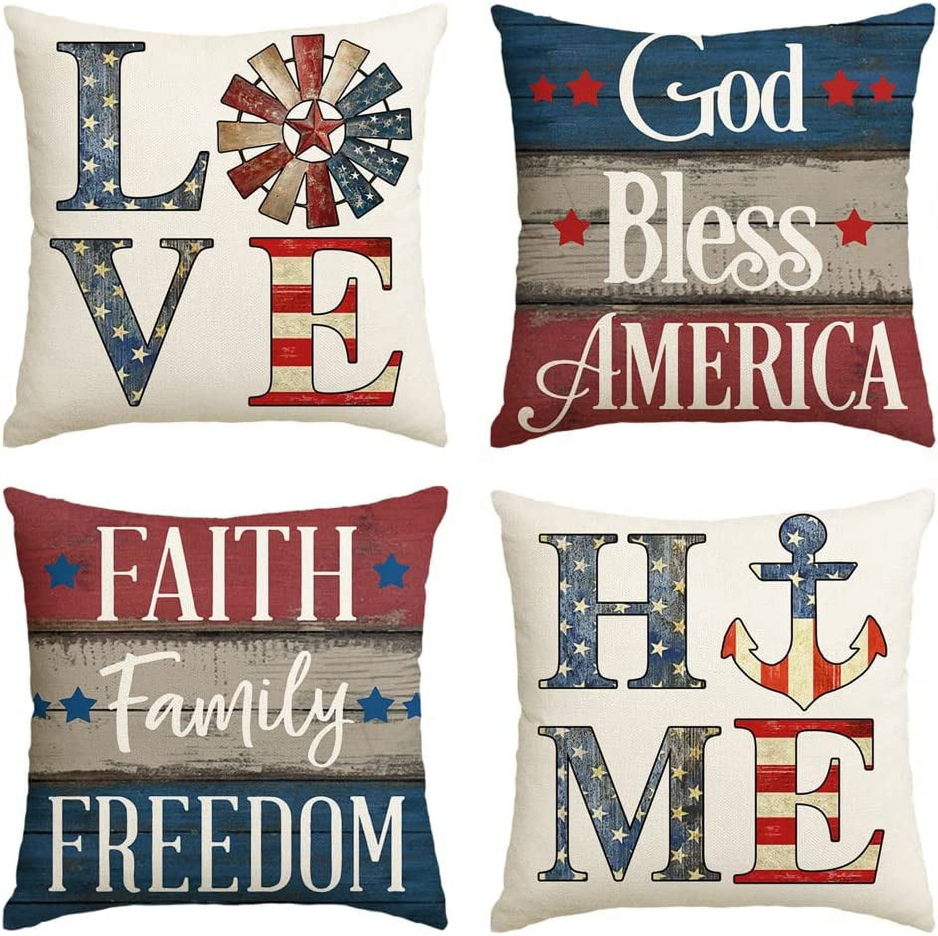 God Bless America Throw Pillow Covers 18x18 Set of 4, Faith Family