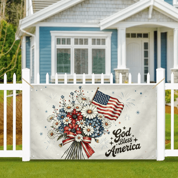 God Bless America Vintage Floral Banner 3x5ft Cream Retro Background Patriotic Yard Fence Hanging Flag with Brass Grommets, Red White Blue Flower 4th of July Independence Day Porch Wall Decor