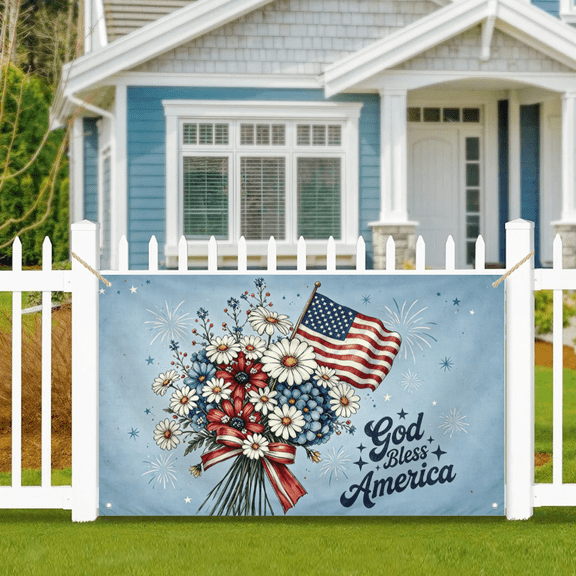 God Bless America Vintage Floral Banner 3x5ft Light Blue Retro Background Patriotic Yard Fence Hanging Flag with Brass Grommets, Red White Blue Flower 4th of July Independence Day Porch Wall Decor