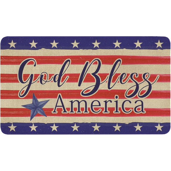 God Bless America Welcome Door Mat Low-Profile Non-Slip 4th of July Independence Day Doormats Indoor Outdoor Entryway Decorations Throw Rug Burlap 17 X 30 Inch